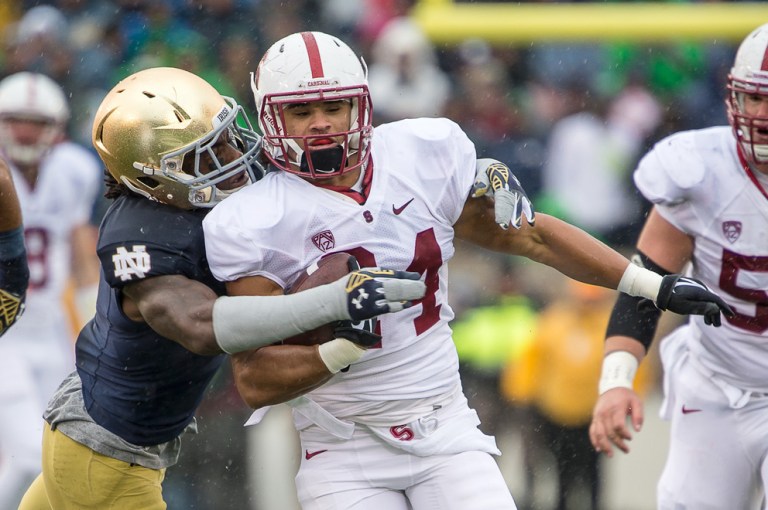 Junior fullback Patrick Skov (center) has become the Cardinal's go-to back in short-yardage situations and was one of seven ball-carriers that got at least one rush for the Cardinal on Saturday. (ROBIN ALAM/stanfordphoto.com)