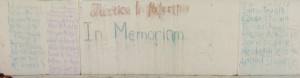 Members of Stanford Students for Justice in Palestine wrote the names of some of the children killed in the recent Israel-Palestine conflict on the steps of the stage in White Plaza (Eric Thong/STANFORD DAILY)