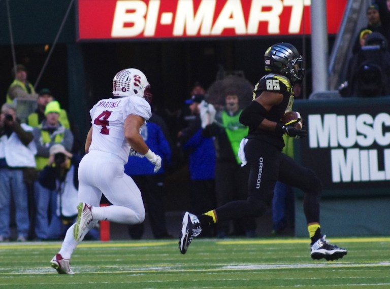 Senior inside linebacker Blake Martinez (left) had a career-high 14 tackles, but Stanford's defense just had no answer for the Ducks on Saturday as No. 5 Oregon was never even slowed en route to a 45-16 win. (SAM GIRVIN/The Stanford Daily)