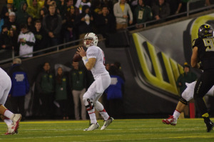 Senior quarterback Kevin Hogan (center) was 15-for-27 with 246 yards passing and one touchdown in Stanford's 27-21 loss to Utah last season. He will look to avoid the Utes' vaunted pass rush on Saturday, which leads the nation in sacks. (SAM GIRVIN/The Stanford Daily)