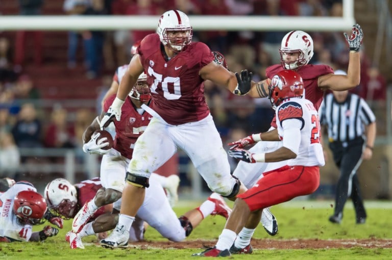 Junior left tackle Andrus Peat (center) announced on Tuesday that he would leave school early and enter the NFL Draft. (JIM SHORIN/StanfordPhoto.com)