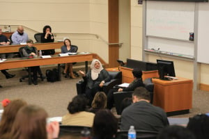 Rabia Chaudry (left) discussed her "Serial" podcasts at Stanford Law School on Monday afternoon. (KEVIN HSU/The Stanford Daily)