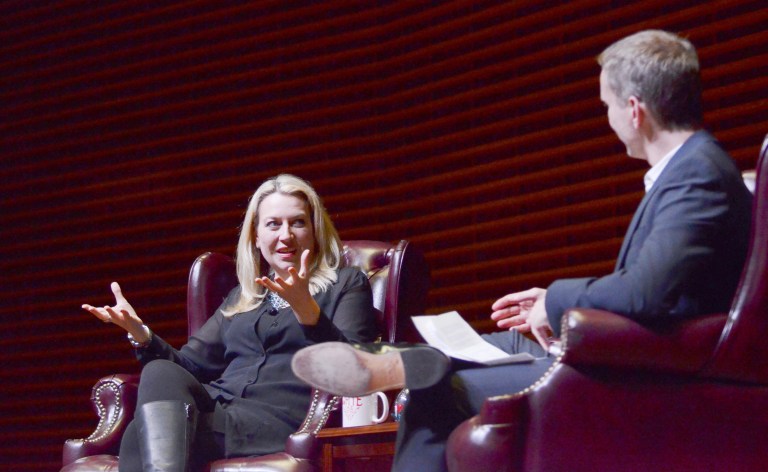 Hundreds of people were turned down from attending Cheryl Strayed's talk in Cemex Auditorium on Tuesday night. (NAFIA CHODHURY/The Stanford Daily)