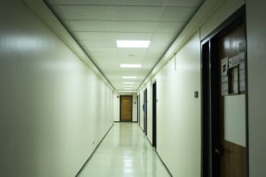 A hallway in the basement of Jordan Hall, the site of the 1971 Stanford Prison Experiment. Photo by Nafia Chowdhury.