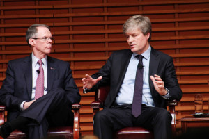 Walgreens President Alexander Gourlay, right, talks about the secure payment technologies at his company as Mike George, CEO and President of QVC looks on. CATALINA RAMIREZ-SAENZ/The Stanford Daily