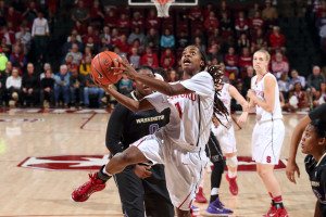 Despite not starting in Friday's matchup, Lili Thompson (right) notched a team high 14 points in the Card's victory over USC.(BOB DREBIN/StanfordPhoto.com)