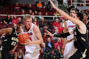 Freshman forward Michael Humphrey (left) started this game after Rosco Allen injured his (BOB DREBIN/stanfordphoto.com)