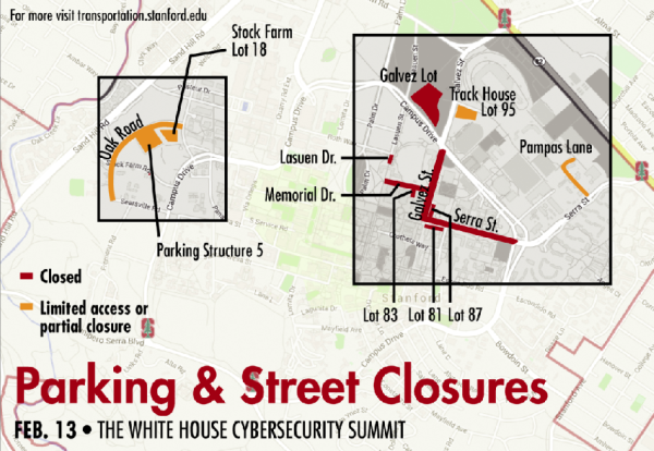 Expect traffic delays around campus on Friday due to the White House Summit on Cybersecurity and Consumer Protection. (CAITLIN GO/The Stanford Daily)