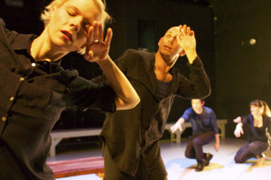 The chorus (l-r, Madeline H.D. Brown*, Wiley Naman Strasser, Jason W. Wong, Elissa Beth Stebbins) in Cutting Ball Theater’s Antigone. Photo by Chase Ramsey, courtesy of Cutting Ball Theater.