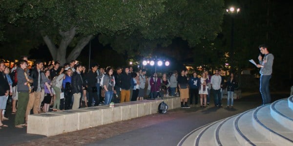 ANDREA LIM/The Stanford Daily
"Everyone here tonight is showing that hate and prejudice do not belong on this campus. I hope we can follow this gathering with communication, education, and with action to make this school a better place for all of its students," said attendee Julia Daniel '17 to the crowd.