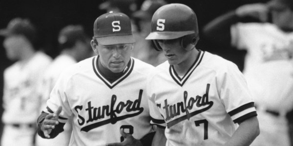 David Esquer '87 (left), the current head coach of the California Bears, enjoyed ten years on the farm under Stanford head coach Mark Marquess before eventually landing across the bay. (ROD SEARCEY/Stanford Athletics)