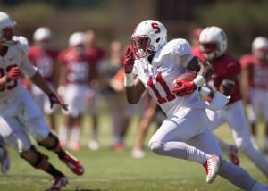 Sophomore Terrence Alexander (center)  is oart of the rebuilding of Stanford's defense. A successful realignment is going to be crucial to balance off Stanford's powerhouse offense. SHIRLEY PEFLEY/Stanford Photo.