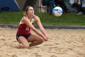 Junior outside-hitter Brittany Howard (abvoe) was an integral part of Stanford's success in the Stanford Invitational this past weekend, along with partner Lauren Birk. (BOB DREBIN/stanfordphotos.com).