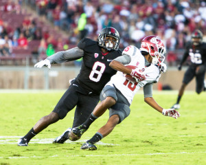 Jordan Richards reunites with his former Cardinal teammates Cameron Fleming and Tyler Gaffney in New England. (TRI NGUYEN/The Stanford Daily)