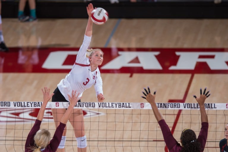 Hayley Hodson (above) joined the Cardinal as the nation's No. 1 recruit and has had a strong start to her collegiate career. In three games she has already notched two double-doubles, including in the game against Illinois on Friday when she notched 13 kills and 11 digs. (KAREN AMBROSE HICKEY/stanfordphoto.com)