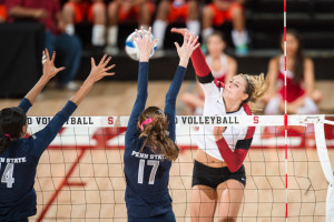 STANFORD, CA - September 5, 2014:  The Stanford Cardinal vs Penn State Nittany Lions  at Maples Pavilion in Stanford, CA. Stanford wins the match 3-2.