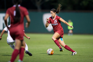 Junior Stephanie Amack (above) scored against Boston College, her first goal of the season, in the Cardinal's home opener. Earlier in the game, her header, which an Eagle player blocked with her hands, led to a goal off of a penalty kick from Andi Sullivan. (BOB DREBIN/isiphotos.com)