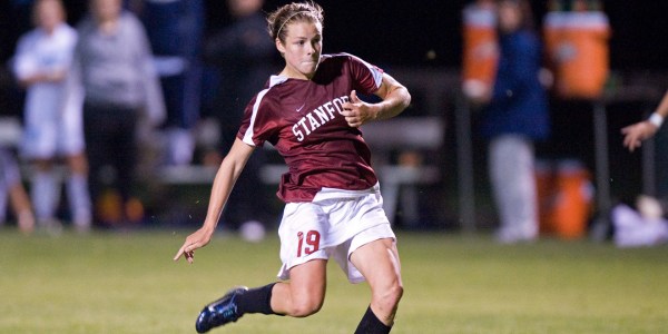 STANFORD, CA - SEPTEMBER 12:  Kelley O'Hara of the Stanford Cardinal scores the game-tying goal during Stanford's 1-1 overtime tie against the North Carolina Tar Heels on September 12, 2008 at Laird Q. Cagan Stadium in Stanford, California.