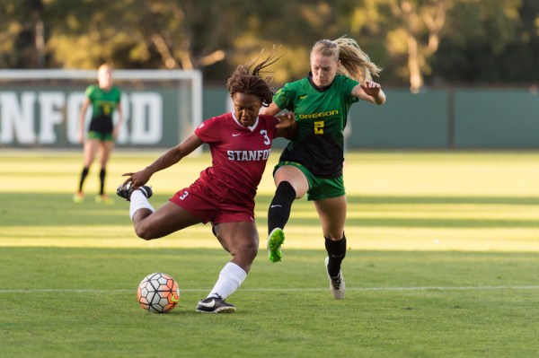 Sophomore Mariah Lee (left) scored the first goal of her career in the 19th minute to give the Cardinal a 2-1 lead that they would hold for the rest of the game. The team's youth stepped up in a big way, with freshmen Tegan McGrady and Michelle Xiao notching a goal and assist, respectively. (KAREN AMBROSE HICKEY/stanfordphoto.com).