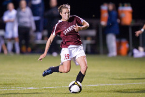 STANFORD, CA - SEPTEMBER 12:  Kelley O'Hara of the Stanford Cardinal scores the game-tying goal during Stanford's 1-1 overtime tie against the North Carolina Tar Heels on September 12, 2008 at Laird Q. Cagan Stadium in Stanford, California.