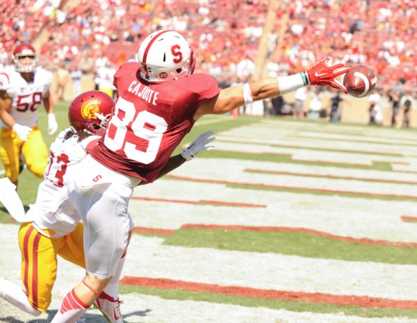 Fifth-year senior Devon Cajuste (above) had one of his best career games in 2013 against the Washington State Cougars, recording 4 catches for 115 yards and 2 touchdowns in a 55-17 win. (MIKE KHEIR/The Stanford Daily)