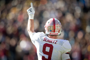 Sophomore tight end Dalton Schultz (above) celebrates after catching the first touchdown of his career on a play-action fourth-and-1 pass to put Stanford up 21-7 in the second quarter against Colorado. (DON FERIA/isiphotos.com)