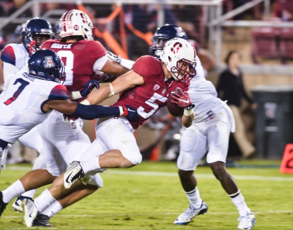 Sophomore running back Christian McCaffrey (center) has averaged 245 all-purpose yards per game. McCaffrey returns home to face a Colorado team that kept the ball for 41 minutes against UCLA. (KEVIN HSU/The Stanford Daily)