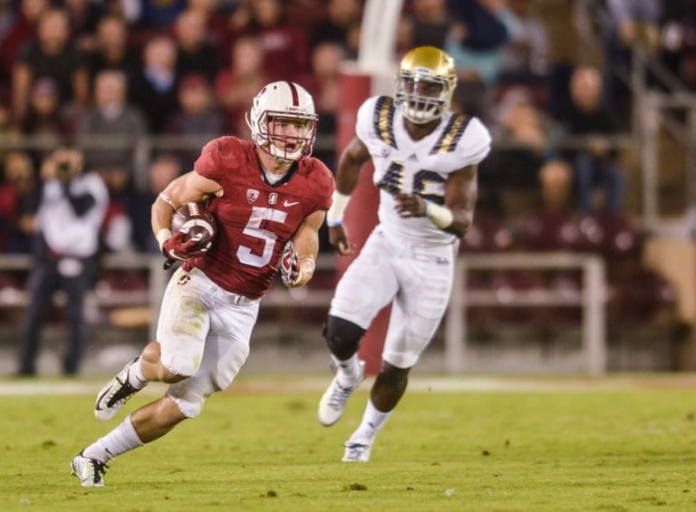 Sophomore running back Christian McCaffrey (left) and the Stanford offense could run wild against Oregon, who ranks 117th in the nation in total defense and gave up 62 points against Utah this season. (SAM GIRVIN/The Stanford Daily)