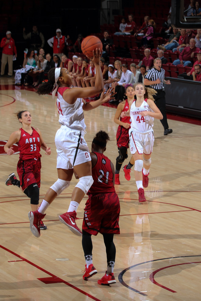 Junior Erica McCall (second from left) notched two double-doubles -- including a combined 33 points -- in Stanford's first two games of the season against UC Davis and Gonzaga. (BOB DREBIN/stanfordphoto.com)