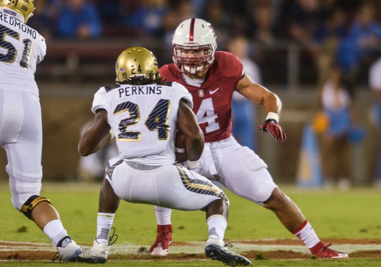 In the absence of Ronnie Harris, senior linebacker Blake Martinez (right) will lead Stanford against the Bear Raid offense that posted 760 yards of total offense last week against Oregon State. (SAM GIRVIN/The Stanford Daily)