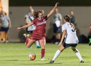 Freshman midfielder Jordan DiBiasi (left) scored both goals for Stanford against BYU, including her fourth game-winning goal of the season. (DAVID BERNAL/isiphotos.com)