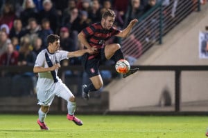 Sophomore Sam Werner (right) scored his second goal of the season in the seventh minute against Cal, notching the only goal that either team would score that night. (JIM SHORIN/stanfordphoto.com)