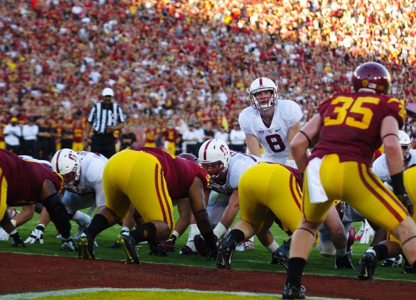 Saturday's game will (likely) be the penultimate game of Stanford's Kevin Hogan (8) and USC's Cody Kessler careers, with a spot in the Rose Bowl on the line. The pair have two of the top three quarterback ratings in the conference this season, capping off their illustrious careers at their respective schools.
(SAM GIRVIN/The Stanford Daily)