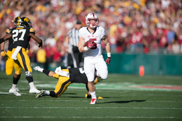 Christian McCaffrey (above) broke the record for all-purpose yards in a Rose Bowl game and completed a 2,000+ rush yard season in Stanford's domination of Iowa in the 102nd Rose Bowl Game.
(RAHIM ULLAH/The Stanford Daily)