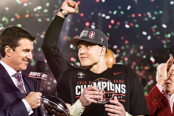 Sophomore running back Christian McCaffrey (center) ran roughshod through the Iowa defense and set a Rose Bowl record in all-purpose yardage as he also became the Rose Bowl's first player to collect 100 rushing and 100 receiving yards in one game. He was named offensive MVP as Stanford cruised to a 45-16 win. (SAM GIRVIN/The Stanford Daily)