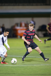 Ty Thompson (right) was the third and final player to be drafted in the MLS SuperDraft. He went 69th overall, in the fourth round, while teammates Brandon Vincent and Eric Verso were selected last week in the first and second rounds, respectively. (SAM GIRVIN/The Stanford Daily)