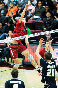 Senior middle blocker Conrad Kaminski (above) is ranked second nationally in hitting percentage and blocks per set. He notched 10 kills while hitting .533 in the Cardinal's recent win over USC. (MIKE KHEIR/The Stanford Daily) 