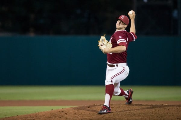 Sophomore Colton Hock (above), the defending Pac-12 Pitcher of the Week, notched a four-inning save in the Cardinal's Thursday afternoon victory over Vanderbilt in another shutout, 2-hit outing against the most powerful lineup in the country. Stanford went on to drop the last two games of the series. (BOB DREBIN/isiphotos.com)