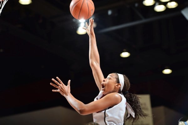 Forward Erica McCall (above) was phenomenal for the Cardinal on Friday night, scoring a career-high 27 points on 12-for-18 shooting. The junior also shut down ACC Player of the Year Brianna Turner in the first half on the way to a 90-84 Stanford victory. (JOHN TODD/isiphotos.com)