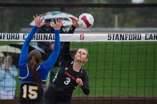 A win streak for freshman Hayley Hodson (above) and partner freshman Payton Chang was broken as No. 16 Cal topped Stanford in the Big Spike. (KAREN AMBROSE HICKEY/stanfordphoto.com)