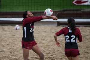 Courtney Bowen (left) and partner Jennifer DiSanto have amassed a 5-4 record this season, including a win most recently against Cal. (Photo courtesy of Stanford Photo)