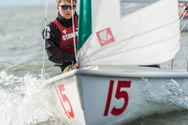 Sophomore skipper Will La Dow (above) and senior skipper Antoine Screve won eight consecutive races to help lead the team to a victory over UCSB. Stanford's victories in the PCCSC Championships have qualified it for the national coed and team racing championships, which will take place in San Diego from May 29 to June 3. 
(BOB DREVIN/stanfordphoto.com)