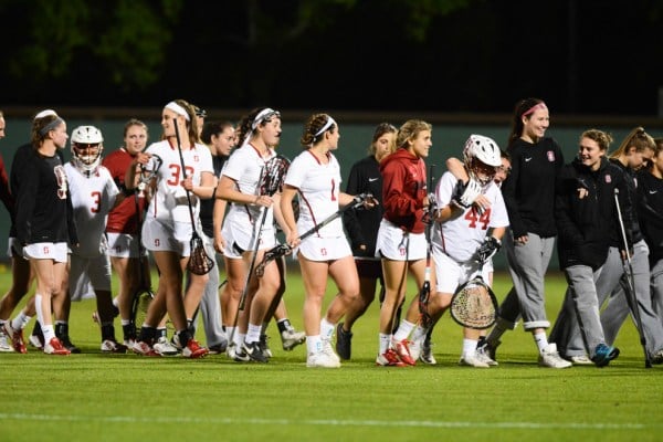 Freshman goalie Shahpar Mirza (3), senior midfielder Paige Southmayd (33), junior attacker Elizabeth Cusick (1), sophomore goalie Allie DaCar (44)