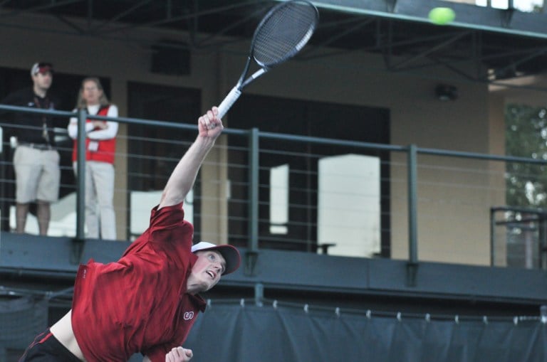 As Stanford enters the second round of the NCAA tournament, it will look to strong singles play to give the team an edge against No. 3 UCLA. Senior Tom Fawcett (above) has been dominant of late, and the Cardinal hopes to rally behind him for a win. (RAHIM ULLAH/The Stanford Daily)