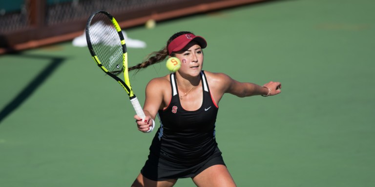 Freshman Caroline Lampl (above) and freshman Melissa Lord both recovered from first set losses to earn the Cardinal two critical points in their national championship effort. The freshmen went a combined 11-0 during the NCAA Tournament. (RAHIM ULLAH/The Stanford Daily)