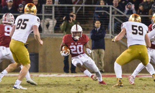 Sophomore Bryce Love (center) is poised to become an offensive threat this season, as he looks to share touches with Christian McCaffrey. (SAM GIRVIN/The Stanford Daily)