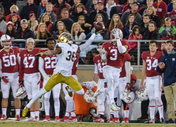 Fifth-year senior Michael Rector (right) is going to be a focal point of Stanford's passing game and remains one of the conference's most dynamic deep threats after he chose to return for his final season of collegiate eligibility. (SAM GIRVIN/The Stanford Daily)