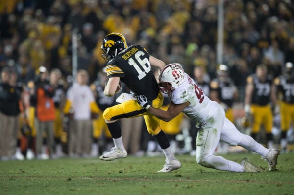 Junior Solomon Thomas (right) has firmly established himself as the starting defensive end. The veteran had a breakout season last year and has earned high praise from coaches. (SAM GIRVIN/The Stanford Daily)