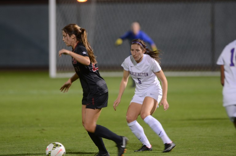 Forward Megan Turner (left) earned her 53rd weekly award when she was tabbed as the Pac-12 Offensive Player of the Week. The senior was instrumental in Stanford's win over No. 20 Notre Dame last week and contributed to the Cardinal's victory over Santa Clara on Friday. (ERIN ASHBY/The Stanford Daily)