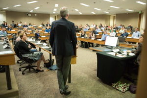 President Marc Tessier-Lavigne speaks before the Faculty Senate. (Courtesy of Linda Cicero)